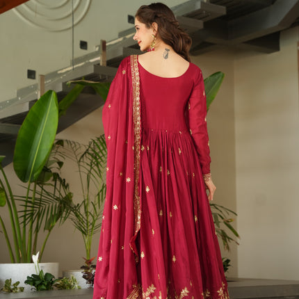 Prazu Fashion Red Chinnon With Embroidery Zari Sequins Work Gown