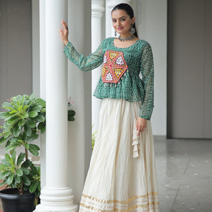 Prazu Fashion Green Georgette Bandhani Print With Kutchi Gamthi Patchwork Navratri Lehenga