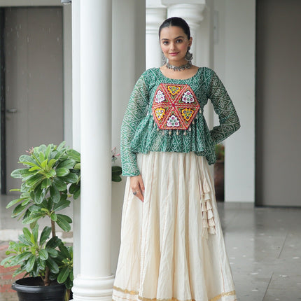 Prazu Fashion Green Georgette Bandhani Print With Kutchi Gamthi Patchwork Navratri Lehenga