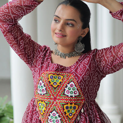 Prazu Fashion Wine Georgette Bandhani Print With Kutchi Gamthi Patchwork Navratri Lehenga