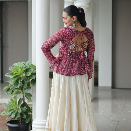 Prazu Fashion Wine Georgette Bandhani Print With Kutchi Gamthi Patchwork Navratri Lehenga