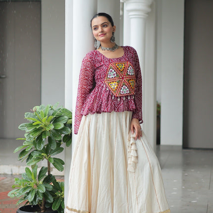 Prazu Fashion Wine Georgette Bandhani Print With Kutchi Gamthi Patchwork Navratri Lehenga