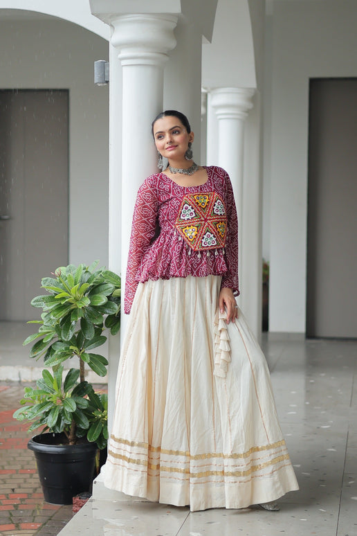 Prazu Fashion Wine Georgette Bandhani Print With Kutchi Gamthi Patchwork Navratri Lehenga