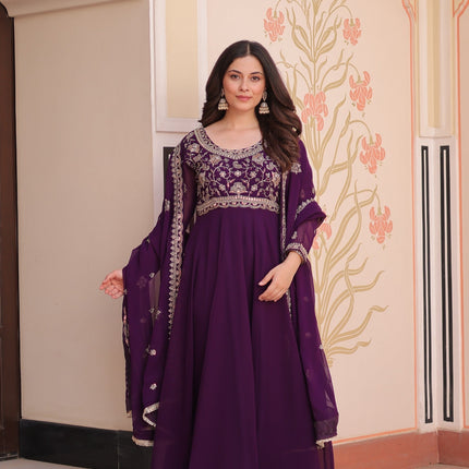 Prazu Fashion Purple Georgette With Beads Embroidery-Work Gown