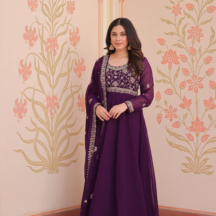 Prazu Fashion Purple Georgette With Beads Embroidery-Work Gown