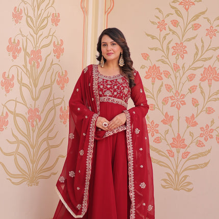 Prazu Fashion Red Georgette With Beads Embroidery-Work Gown