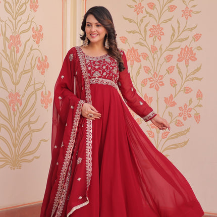 Prazu Fashion Red Georgette With Beads Embroidery-Work Gown