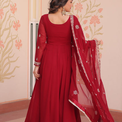 Prazu Fashion Red Georgette With Beads Embroidery-Work Gown
