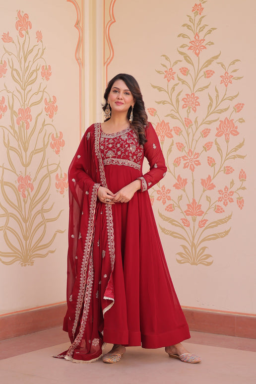 Prazu Fashion Red Georgette With Beads Embroidery-Work Gown