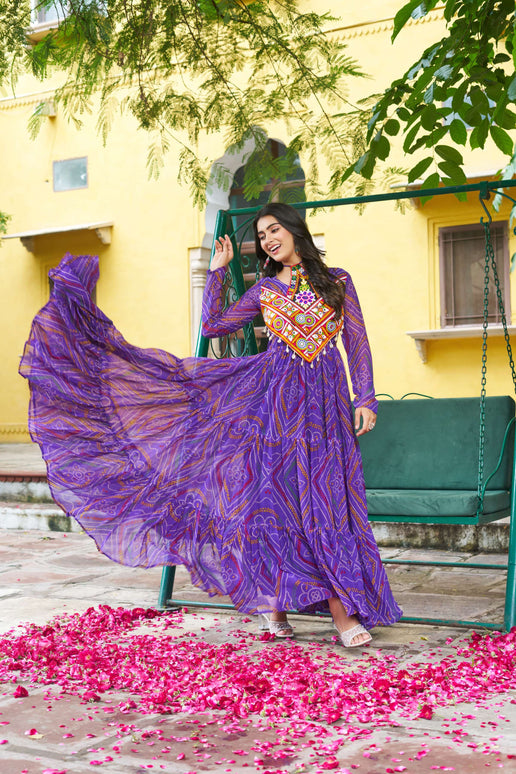 Prazu Fashion Purple Georgette Bandhani Print With Kutchi Patchwork Navratri Gown
