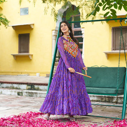 Prazu Fashion Purple Georgette Bandhani Print With Kutchi Patchwork Navratri Gown