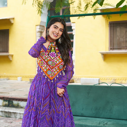 Prazu Fashion Purple Georgette Bandhani Print With Kutchi Patchwork Navratri Gown