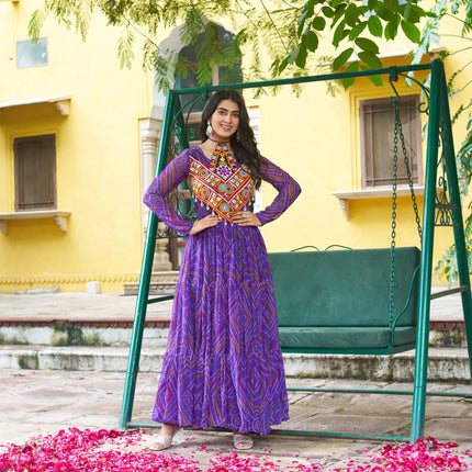 Prazu Fashion Purple Georgette Bandhani Print With Kutchi Patchwork Navratri Gown