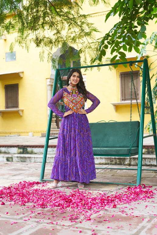 Prazu Fashion Purple Georgette Bandhani Print With Kutchi Patchwork Navratri Gown