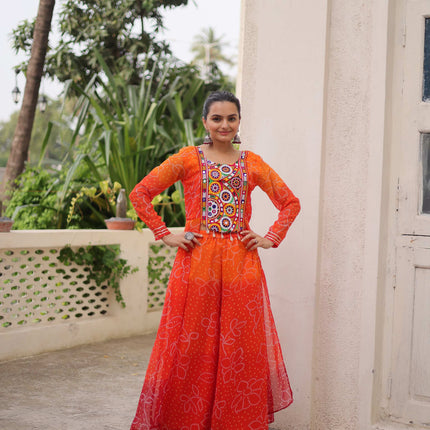 Prazu Fashion Orange Georgette Bandhani Print Gamthi Patchwork Suit For Navratri