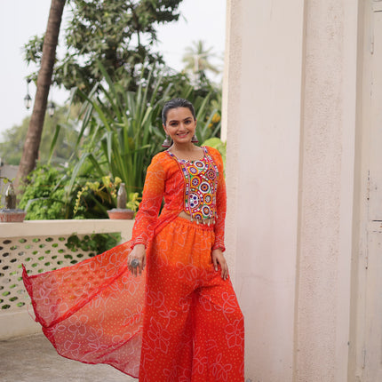 Prazu Fashion Orange Georgette Bandhani Print Gamthi Patchwork Suit For Navratri