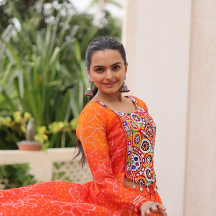 Prazu Fashion Orange Georgette Bandhani Print Gamthi Patchwork Suit For Navratri