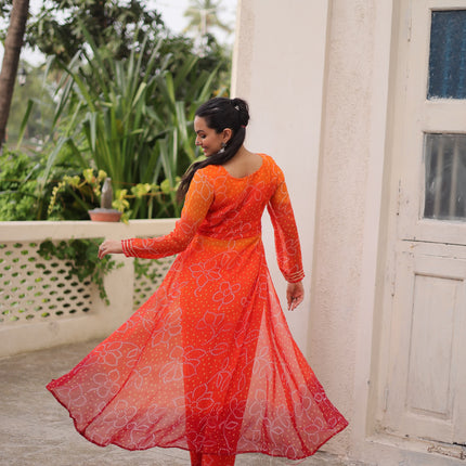 Prazu Fashion Orange Georgette Bandhani Print Gamthi Patchwork Suit For Navratri