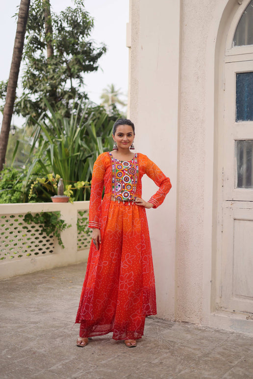 Prazu Fashion Orange Georgette Bandhani Print Gamthi Patchwork Suit For Navratri