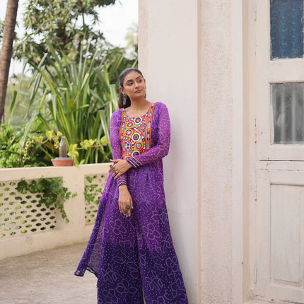 Prazu Fashion Violet Georgette Bandhani Print Gamthi Patchwork Suit For Navratri
