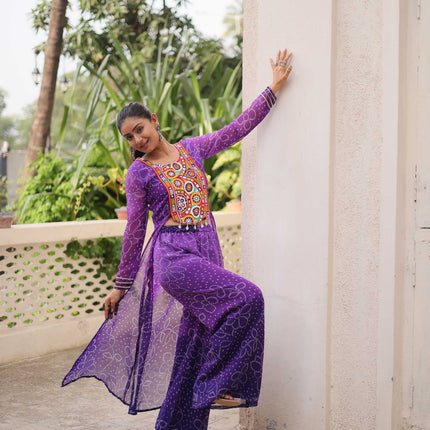 Prazu Fashion Violet Georgette Bandhani Print Gamthi Patchwork Suit For Navratri