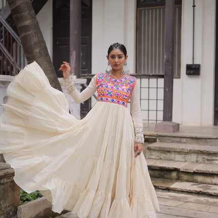 Prazu Fashion Off White Kora Cotton With Multi Thread Embroidered Gamthi Work Navratri Gown