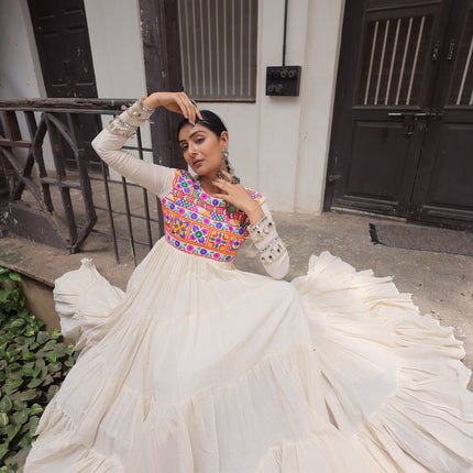 Prazu Fashion Off White Kora Cotton With Multi Thread Embroidered Gamthi Work Navratri Gown