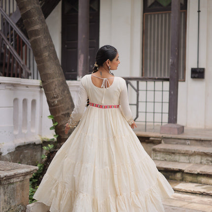 Prazu Fashion Off White Kora Cotton With Multi Thread Embroidered Gamthi Work Navratri Gown