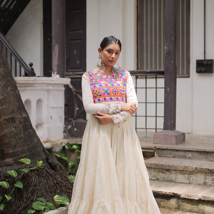 Prazu Fashion Off White Kora Cotton With Multi Thread Embroidered Gamthi Work Navratri Gown