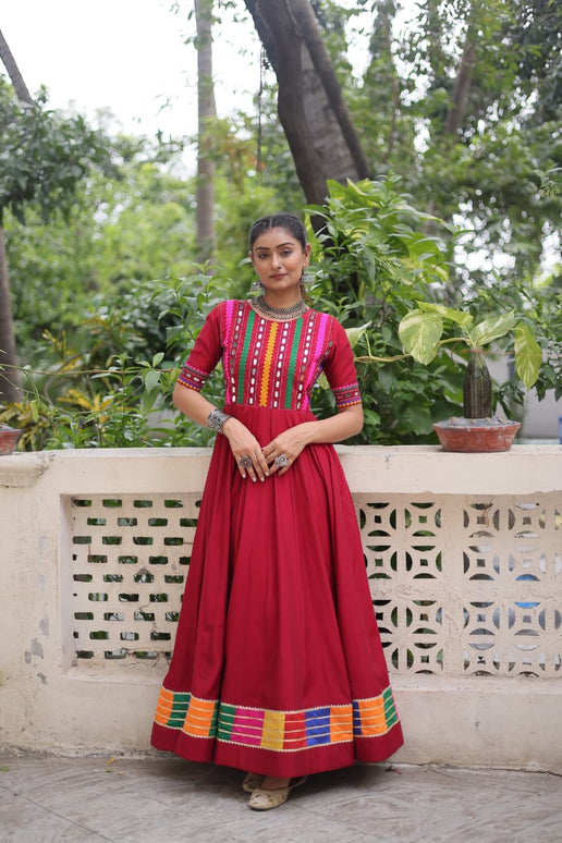 Prazu Fashion Red Roman Silk Multicolor Thread And Mirror Work Navratri Gown