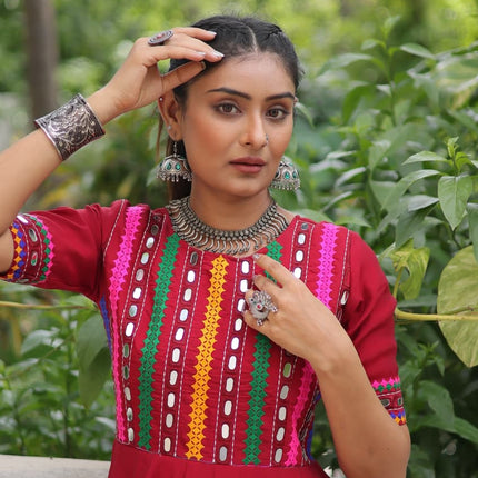 Prazu Fashion Red Roman Silk Multicolor Thread And Mirror Work Navratri Gown