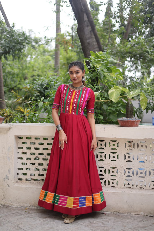 Prazu Fashion Red Roman Silk Multicolor Thread And Mirror Work Navratri Gown