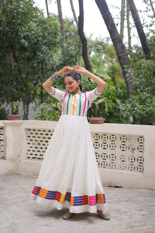 Prazu Fashion White Roman Silk Multicolor Thread And Mirror Work Navratri Gown