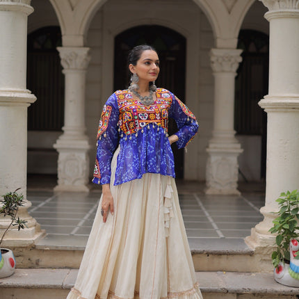 Prazu Fashion Blue Georgette Bandhani Print With Kutchi Gamthi Navratri Lehenga