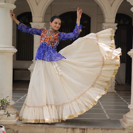 Prazu Fashion Blue Georgette Bandhani Print With Kutchi Gamthi Navratri Lehenga