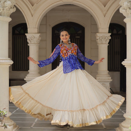 Prazu Fashion Blue Georgette Bandhani Print With Kutchi Gamthi Navratri Lehenga