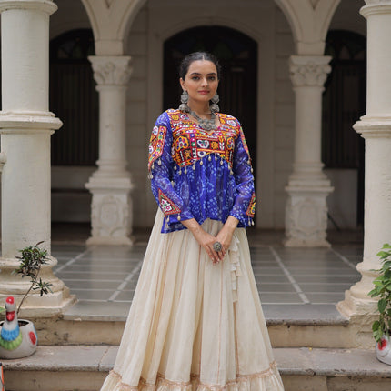 Prazu Fashion Blue Georgette Bandhani Print With Kutchi Gamthi Navratri Lehenga