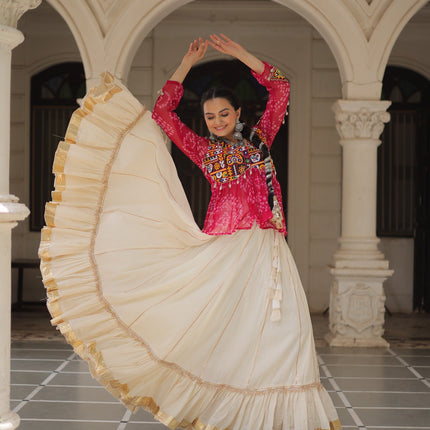 Prazu Fashion Pink Georgette Bandhani Print With Kutchi Gamthi Navratri Lehenga