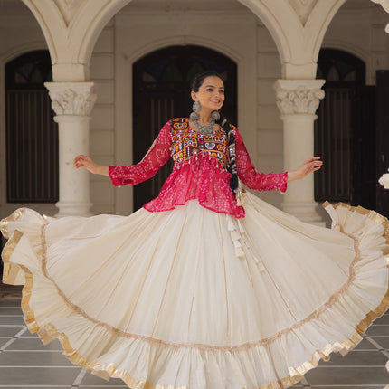 Prazu Fashion Pink Georgette Bandhani Print With Kutchi Gamthi Navratri Lehenga