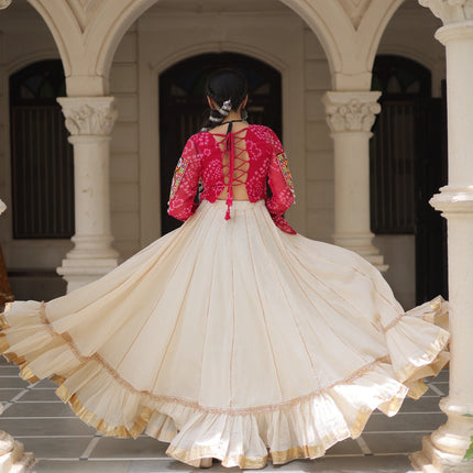 Prazu Fashion Pink Georgette Bandhani Print With Kutchi Gamthi Navratri Lehenga