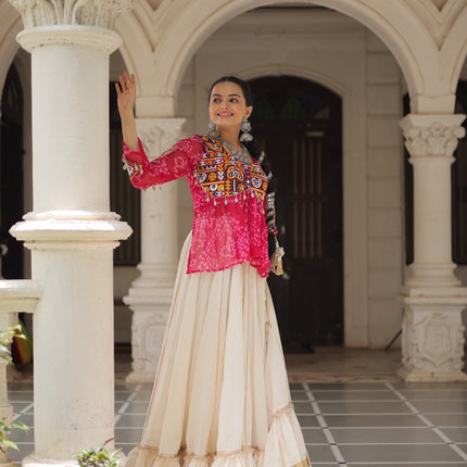 Prazu Fashion Pink Georgette Bandhani Print With Kutchi Gamthi Navratri Lehenga