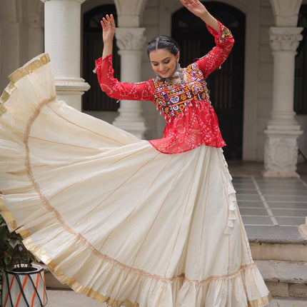 Prazu Fashion Red Georgette Bandhani Print With Kutchi Gamthi Navratri Lehenga