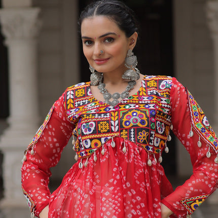 Prazu Fashion Red Georgette Bandhani Print With Kutchi Gamthi Navratri Lehenga