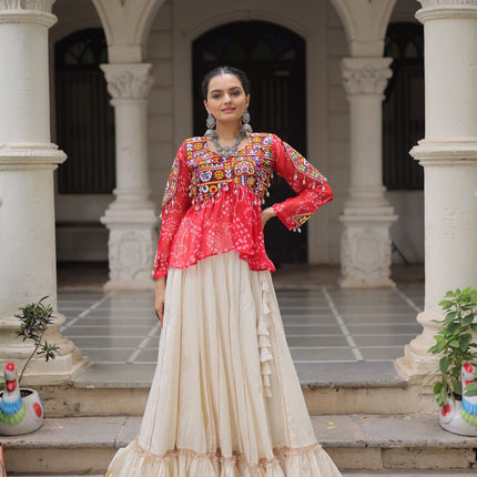 Prazu Fashion Red Georgette Bandhani Print With Kutchi Gamthi Navratri Lehenga