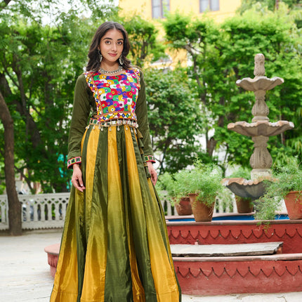 Prazu Fashion Multicolor Chinnon Padding Kutchi Gamthi Embroidered Work Navratri Lehenga