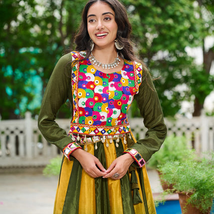 Prazu Fashion Multicolor Chinnon Padding Kutchi Gamthi Embroidered Work Navratri Lehenga