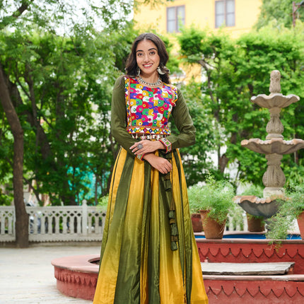 Prazu Fashion Multicolor Chinnon Padding Kutchi Gamthi Embroidered Work Navratri Lehenga