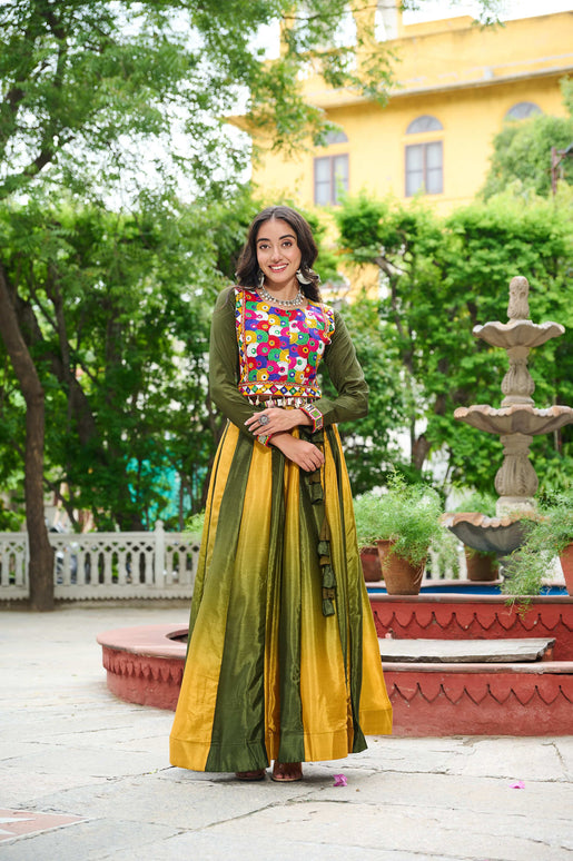 Prazu Fashion Multicolor Chinnon Padding Kutchi Gamthi Embroidered Work Navratri Lehenga