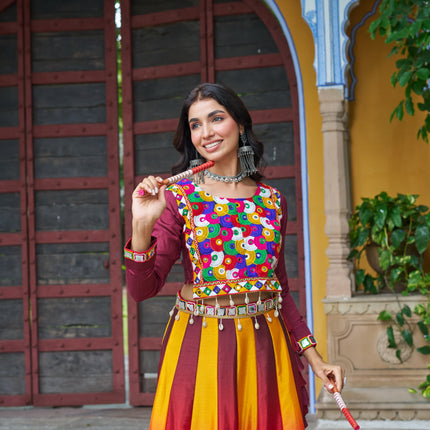 Prazu Fashion Multicolor Chinnon Pedding Kutchi Gamthi Embroidered Work Navratri Lehenga