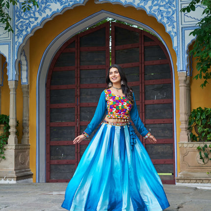 Prazu Fashion Multicolor Chinnon Pedding Kutchi Gamthi Embroidered Work Navratri Lehenga